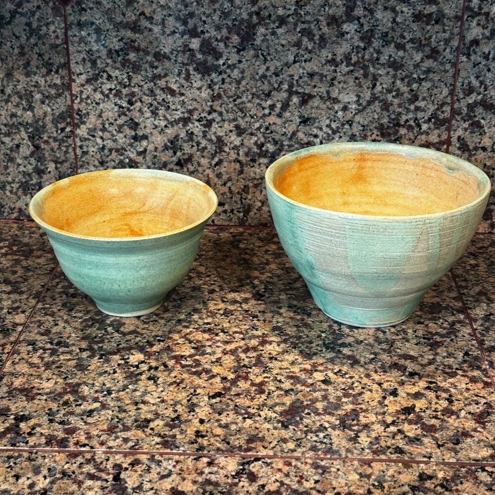 2 Studio Art Pottery Nesting Bowls Handmade Signed JM Green/Yellow Rust Stonewar